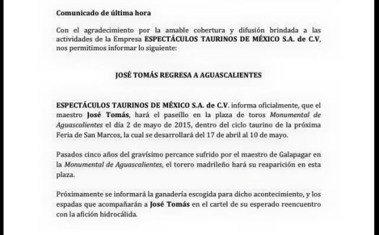 José Tomás regresa a Aguascalientes